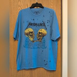 Sky Blue Distressed Oversized Metallica Graphic Tee Short Sleeve